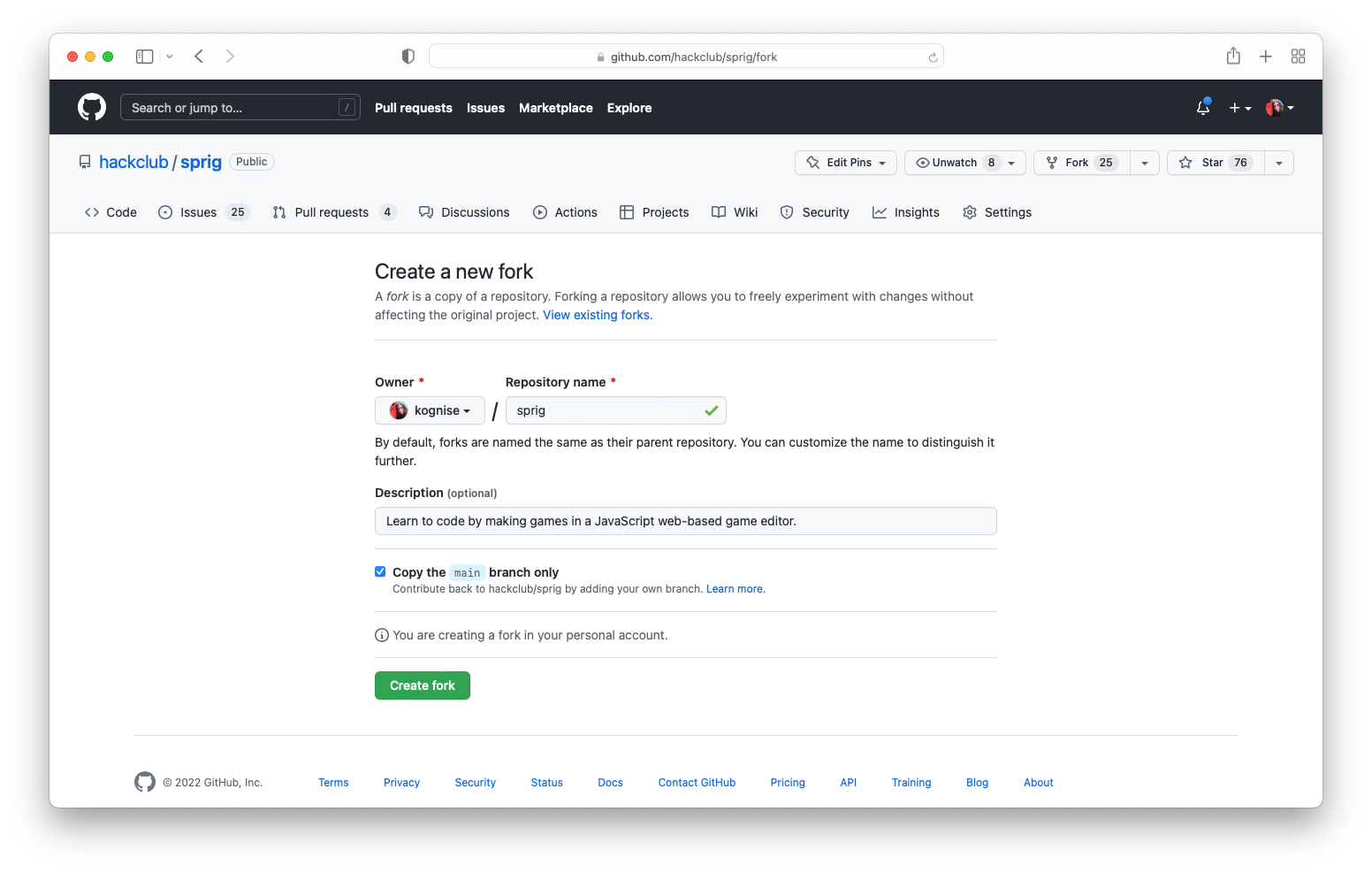 screenshot of github's fork page